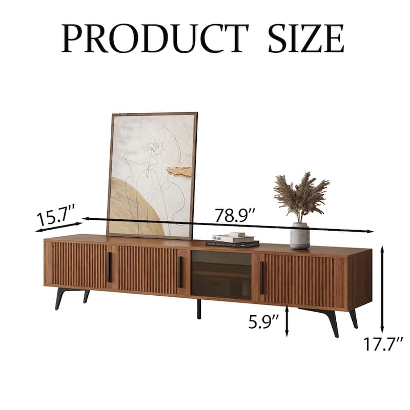 79" Mid-Century Modern Ribbed Wood TV Stand with Storage Cabinets and Glass Shelf – Entertainment Center Fits 85" TVs