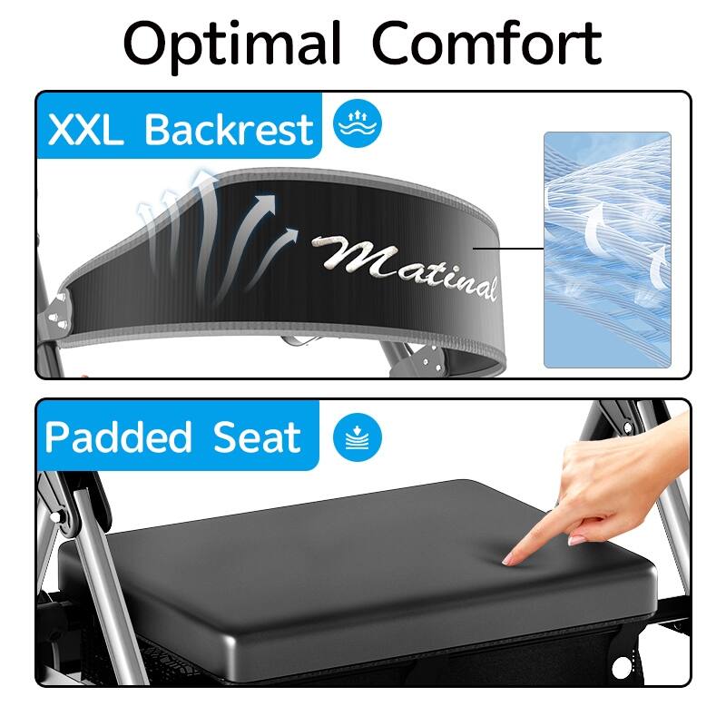 Matinal Foldable Rollator Walkers with Seat for Seniors, 350 lb Capacity, 8'' Big Wheels, 6-Position Height