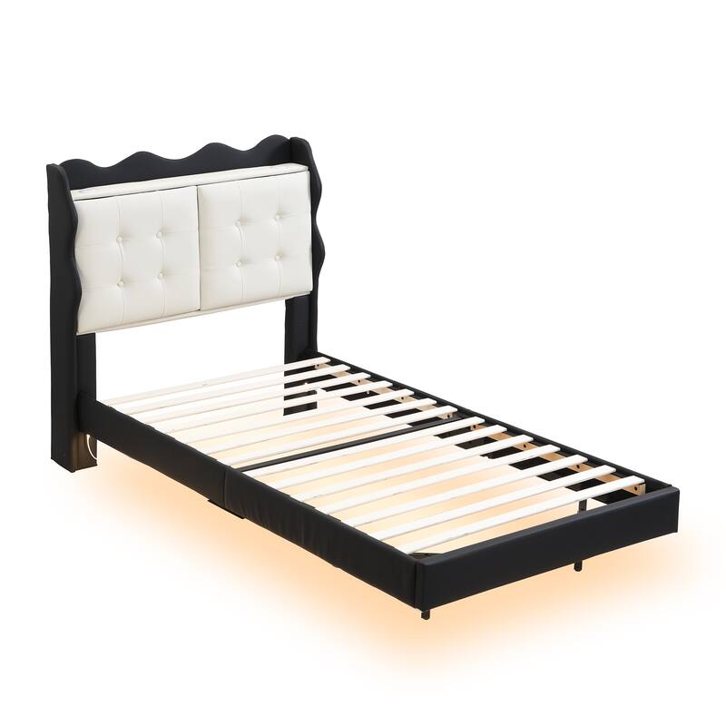 Twin Upholstered Platform Bed with LED Lights, Storage Headboard & USB Ports