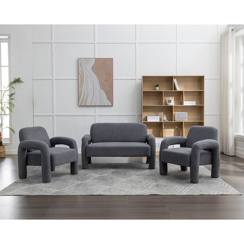 SEYNAR Mid-Century Modern Boucle 51'' Solid Wood Curved Sofa Set of 3 with Accent chair - Grey
