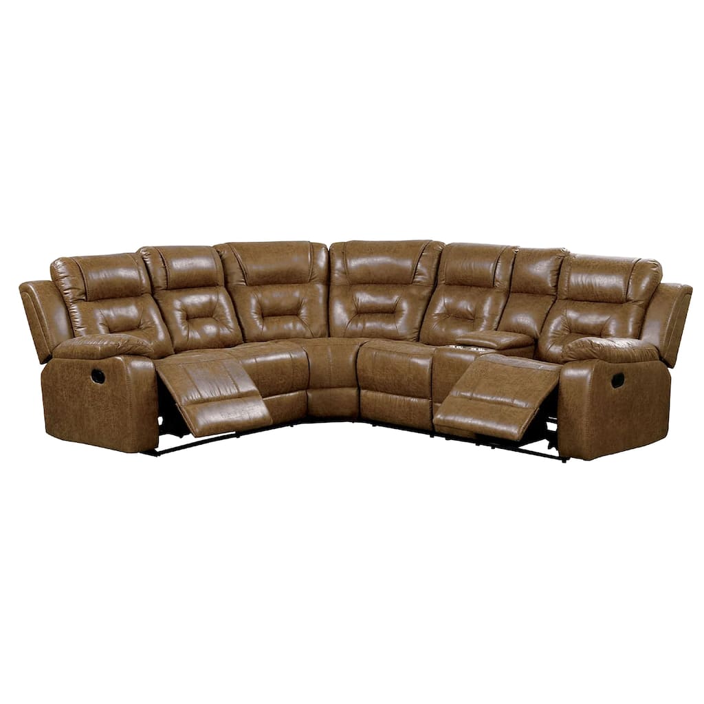 Kius Manual Recliner Sectional Sofa, Console, Tufted Brown Faux Leather