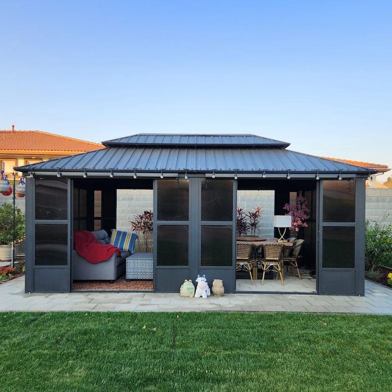 PURPLE LEAF Double Top Sunroom Outdoor Grey All-Weather Screen House Patio Hardtop Gazebo