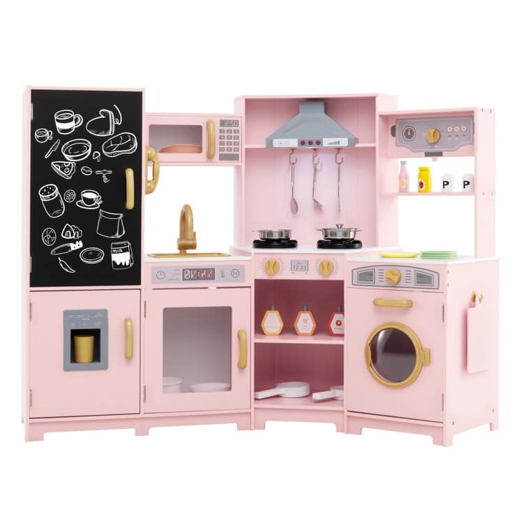 MDF Kids Corner Play Kitchen with Lights, Sounds and Ice Maker - 52" × 18.5" × 36" - Pink