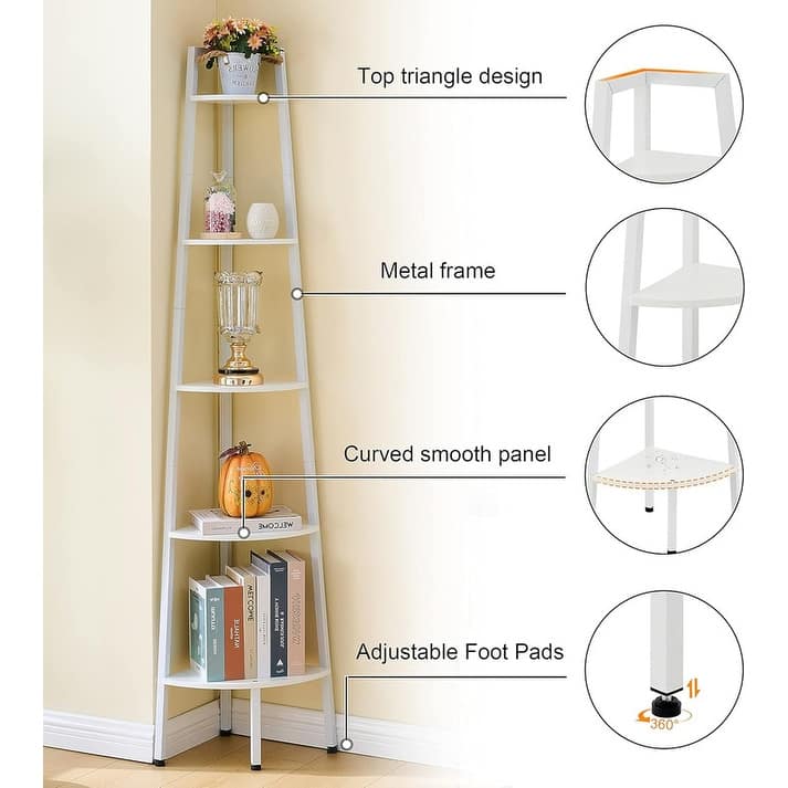 5-Tier Corner Bookshelf, Rustic Ladder Shelf