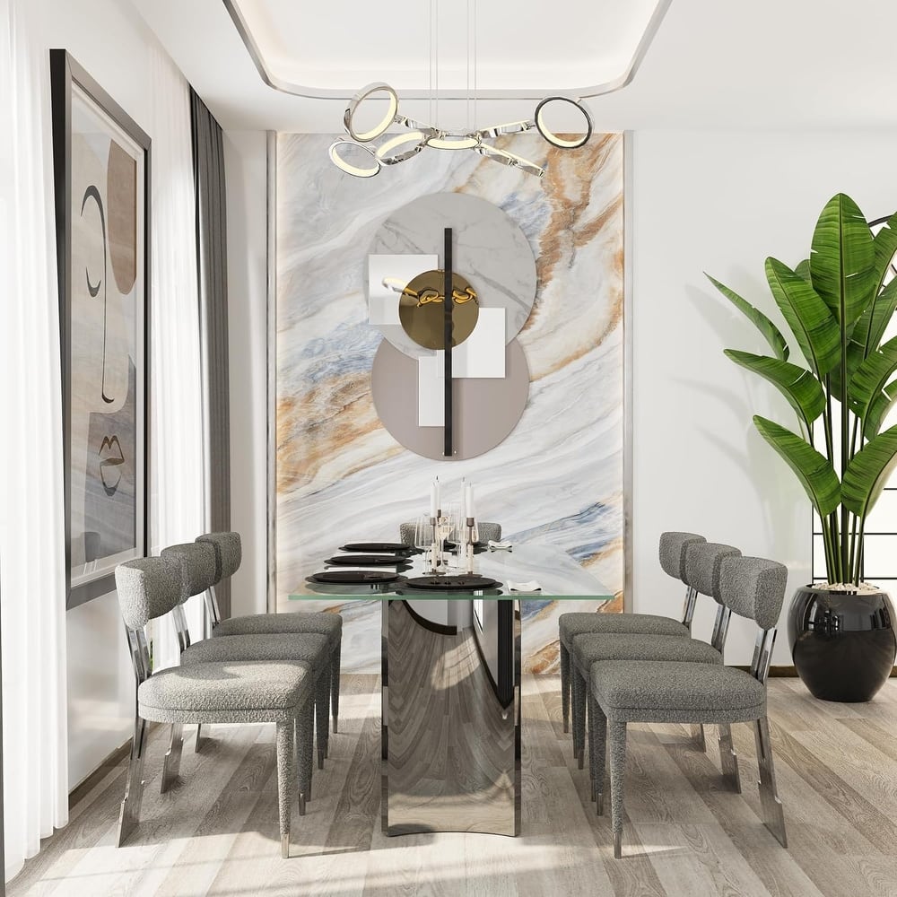 70 inch Clear Tempered Glass Dining Table Set with Grey Boucle Dining Chairs