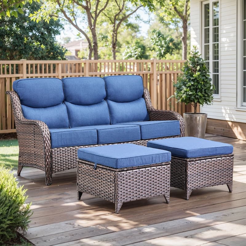 Outdoor Patio Sofa Swivel Chair with 6-Inch Thick Cushions Set - Brwon Wicker Blue Cushion - 3PCS Sofa w/ Ottoman