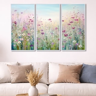 Designart "Wild Flowers Meadows" Flower Field Framed Art Set of 3 - Traditional Wall Art Set Purple Wall Decor 3 Pieces