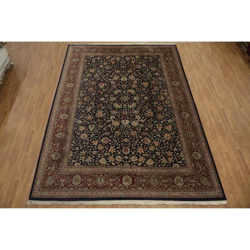 Hand Knotted Oriental 100% Wool Carpet Traditional All-Over Navy Blue & Blues Tabriz Area Rug - 14' 1'' X 9' 9''