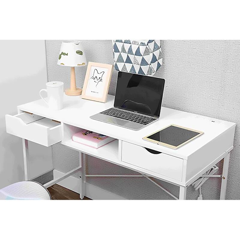 JJS 40" Modern Office Desk Large Computer Desk with Power Outlet, USB Port & Drawer, Home Workstation