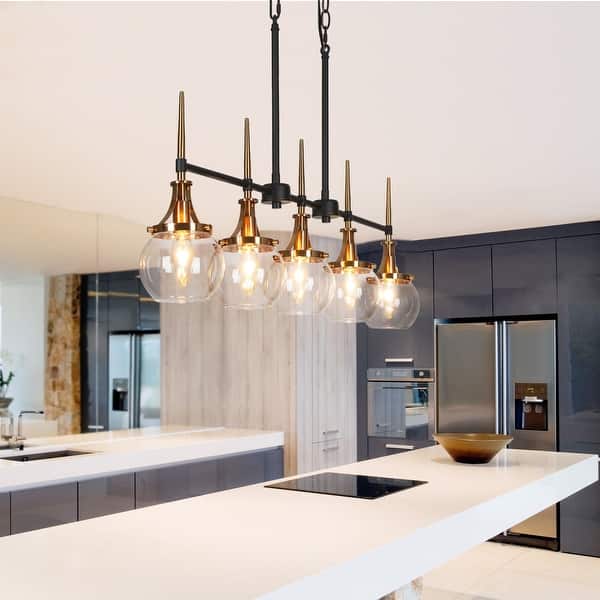 Beta Modern 5-Light Glass Chandelier 36 IN Linear Black Gold Pendant Island Lights for Dining Room