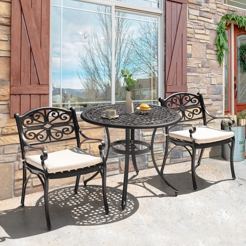 Outdoor Cast Aluminum Bistro Set of 3 with Umbrella Hole and Cushions