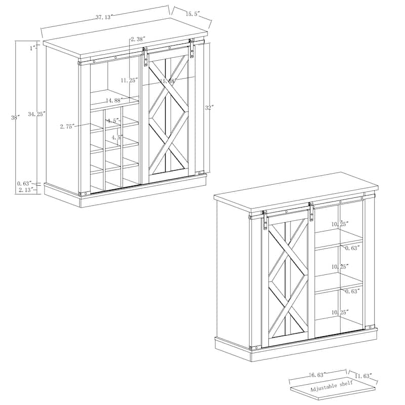 37 in. Barn Door Buffet Bar Cabinet with Wine Rack