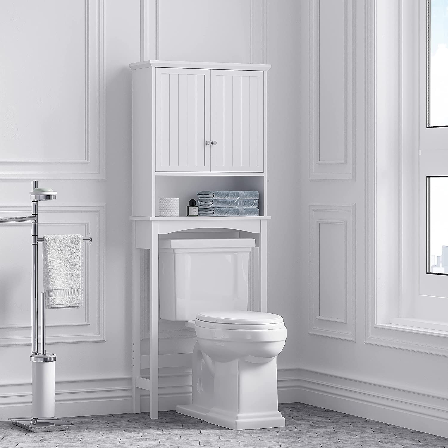 Spirich Bathroom Storage Over The Toilet, Bathroom Cabinet Organizer with Adjustable Shelves and Double Doors, White