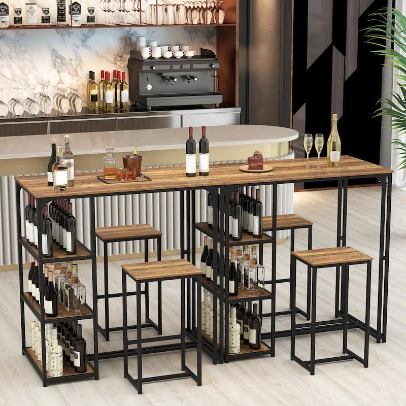 3-Piece Bar Height Table and Stools Set Metal Frame MDF Top with Side Storage for Kitchen - 44" x 24" x 44"(L x W x H)