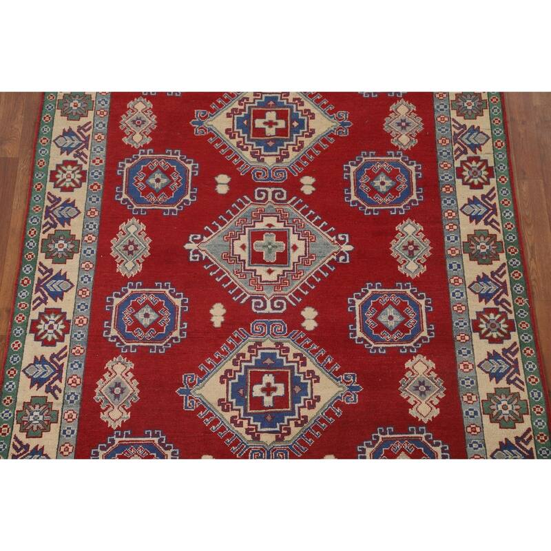 Red Geometric Kazak Area Rug Hand-Knotted Oriental Wool Carpet - 5'5" x 6'5"