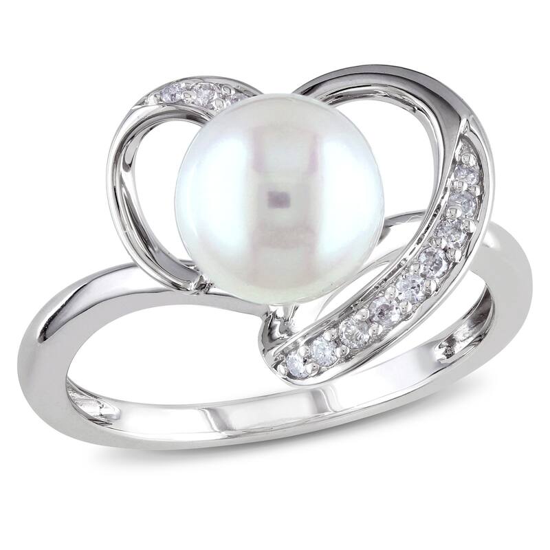 Miadora 8mm Cultured Freshwater Pearl 1/10ct TW Diamond Heart Ring in 10k White Gold