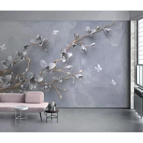 3D Floral Magnolia Blossom Gray Flower Scandinavian Textured Wallpaper