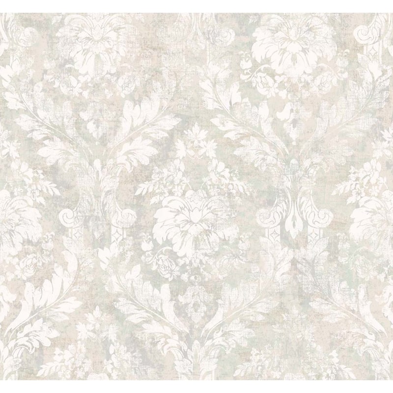 Seabrook Deigns Everdeen Damask Unpasted Wallpaper - 27 in. W x 27 ft. L bolt 60.75 sq. ft. - Metallic Cream & Sea Foam Green