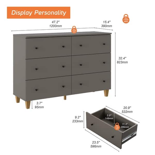 6 Drawers Dresser for Bedroom, Wooden Wide Chest of Drawers - Bed Bath ...