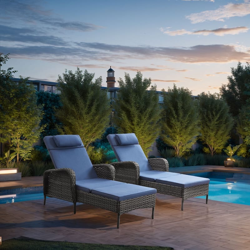 Outdoor PE Wicker Chaise Lounge Grey Rattan - Blue
