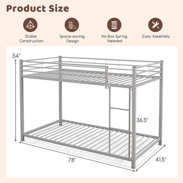 dimension image slide 1 of 2, Gymax Twin Over Twin Low Metal Bunk Bed with Ladder Guardrails for