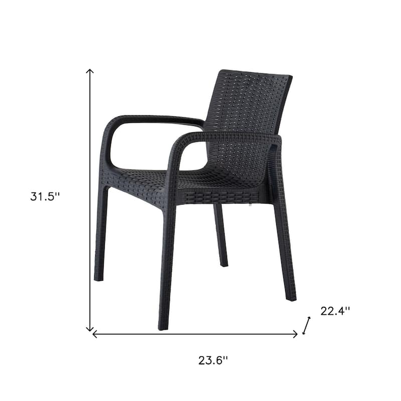 HomeRoots Set of Two Black Faux Rattan Heavy Duty Plastic Outdoor Stacking Arm Chairs