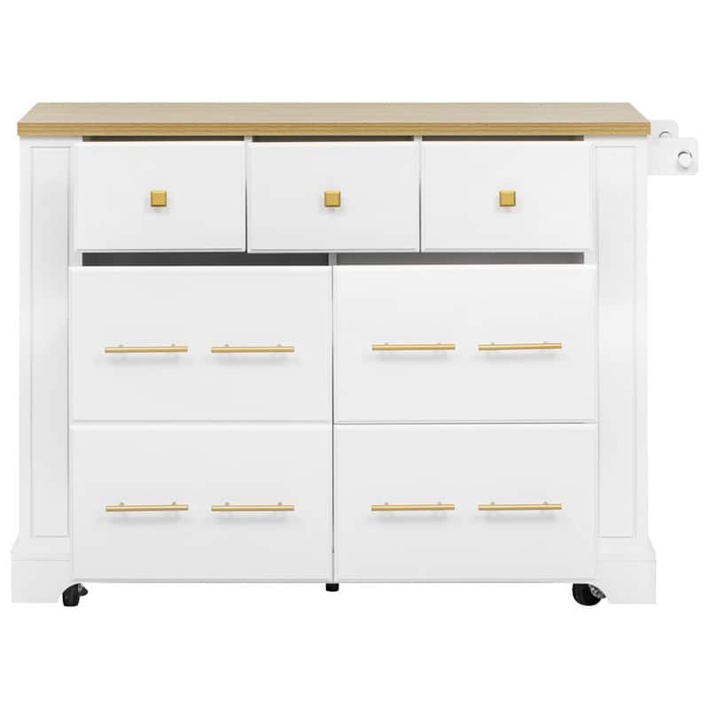 51.2" Rolling Kitchen Island with Drop Leaf, Kitchen Island with 6 Drawers, Pull Out Trash Can Storage and Power Outlet
