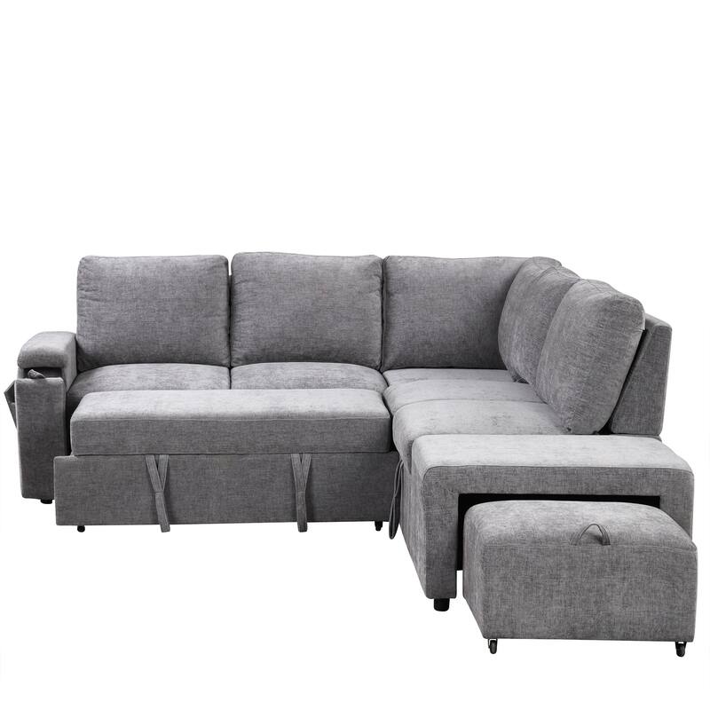 Grey 90.6'' L-Shaped 6-Seater Sofa with Storage, USB Ports & Cup Holders, Perfect for Living Room or Office