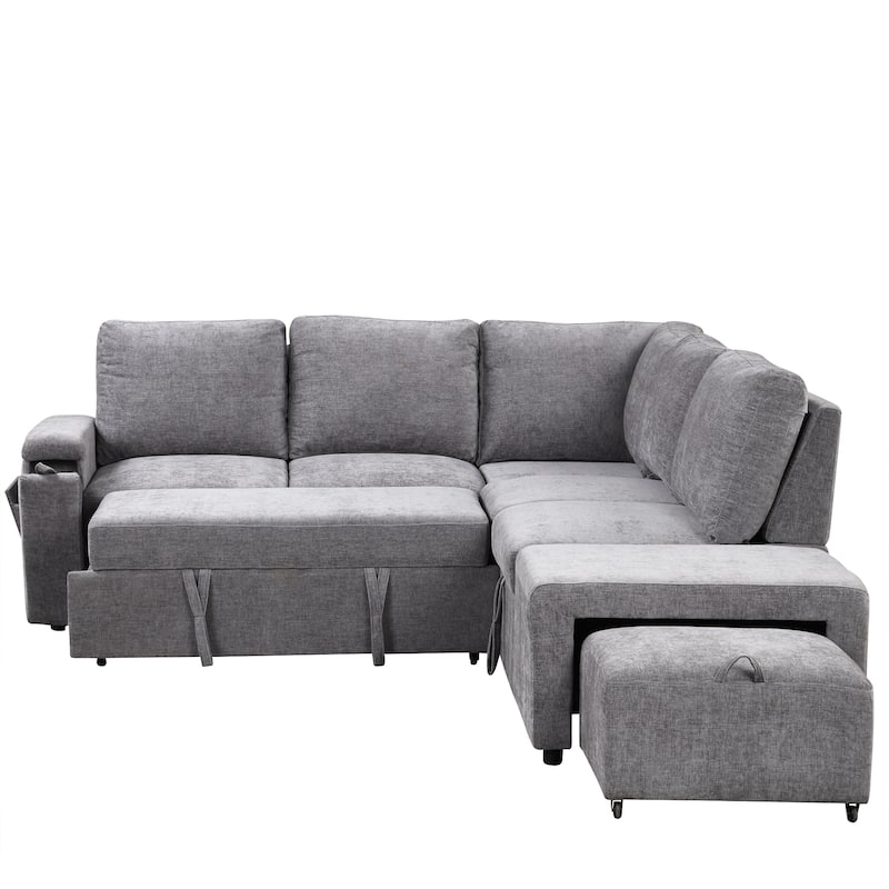 Grey 90.6'' L-Shaped Modular 6 Seater Sectional Sofa with Storage, USB Ports & Cup Holders, for Living Room or Office