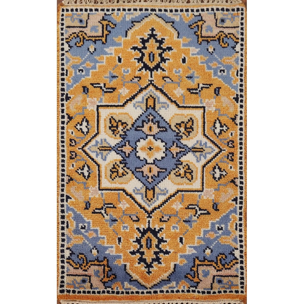 Gold Yellow Kazak Foyer Rug Handmade Wool Carpet - 2'0" x 3'0"