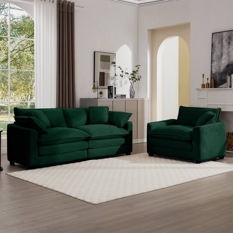 2-Piece Flexible Combinations Sofa Set with 3-Seater Corduroy Fabric Sofa and Single Accent Sofa Chair for Livingroom