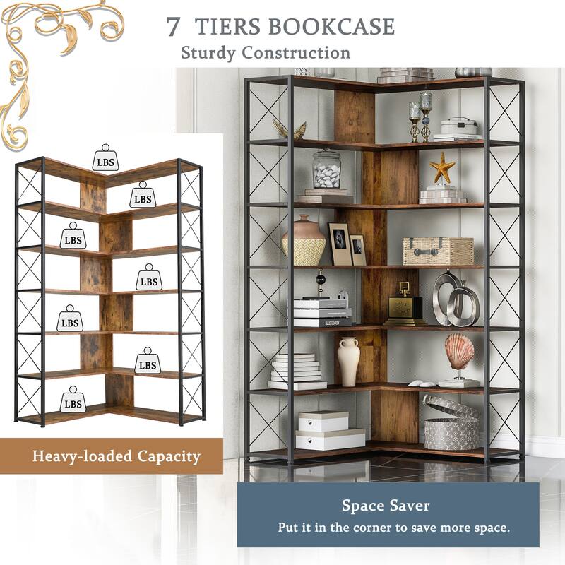 7-Tier Bookcase Home Office Bookshelf, L-Shaped Corner Bookcase with Metal Frame