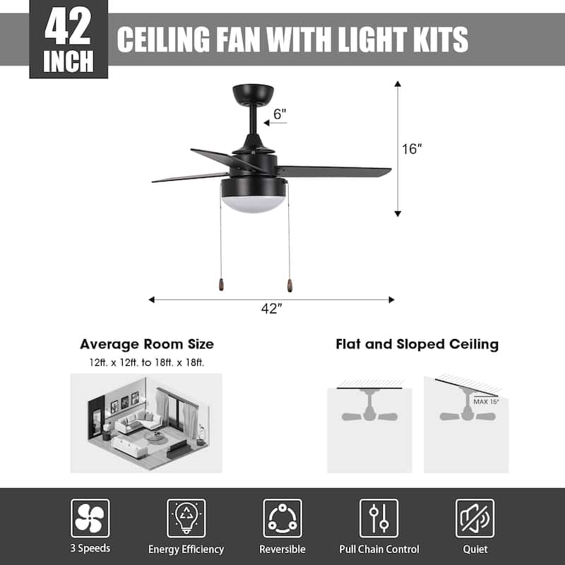 42" Modern Black Wooden Indoor Ceiling Fan Light with Pull Chain