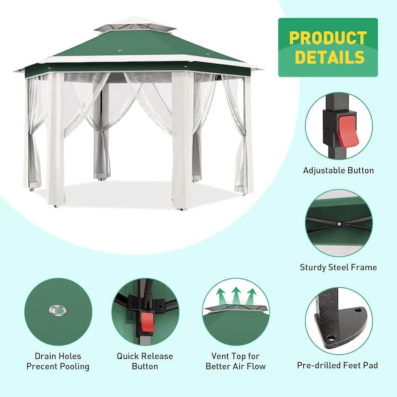13' x 13' Hexagonal Pop Up Gazebo Canopy Shelter for Backyard, Garden, Lawn - 13' x 13'