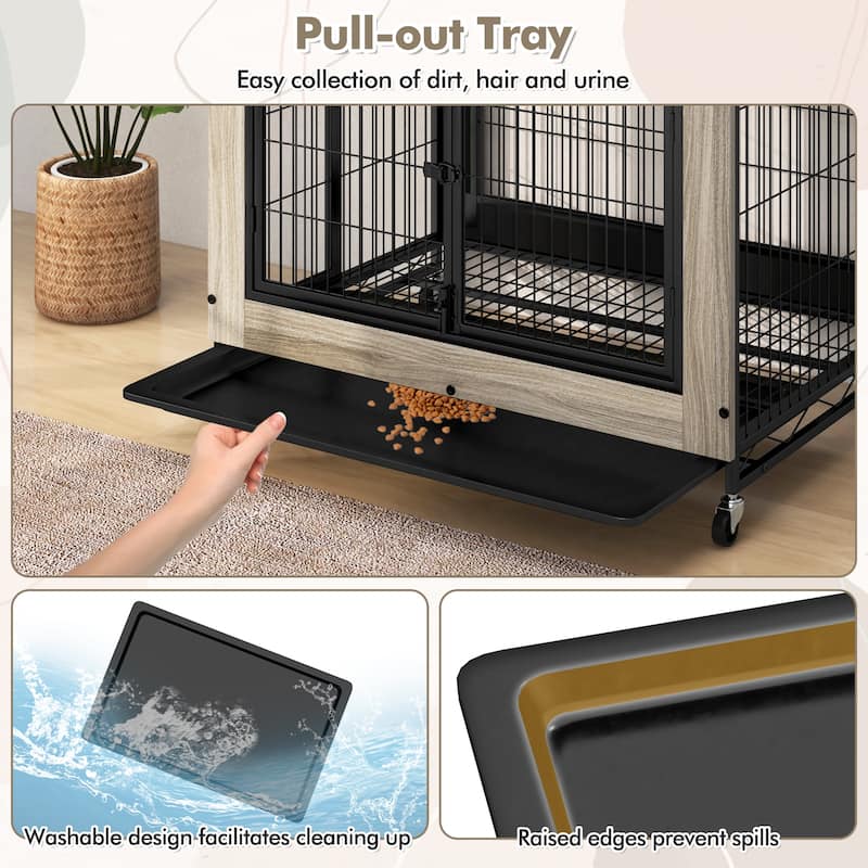 Wooden Dog Crate with Storage Shelves, Tray and Lockable Wheels - 59" x 38" x 25" (L x W x H)