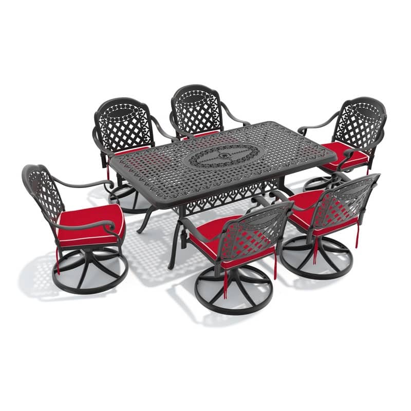 7-Piece Aluminum Rectangular Outdoor Patio Dining Set, 6 Cushioned Swivel Chairs, Table, All-Weather Frames