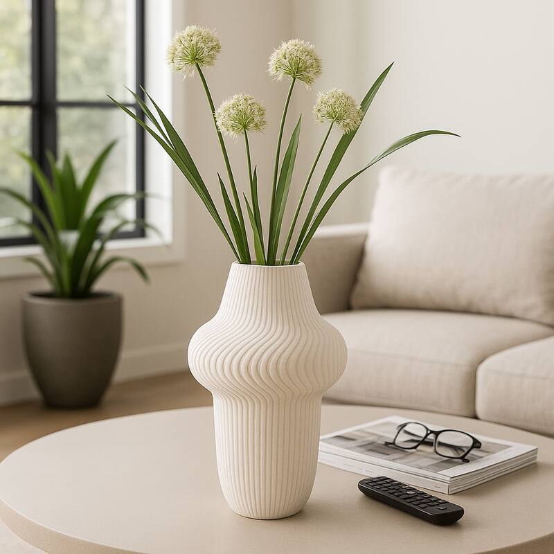 Porcelain Ribbed 3D Printed Vase - Ivory/Beige