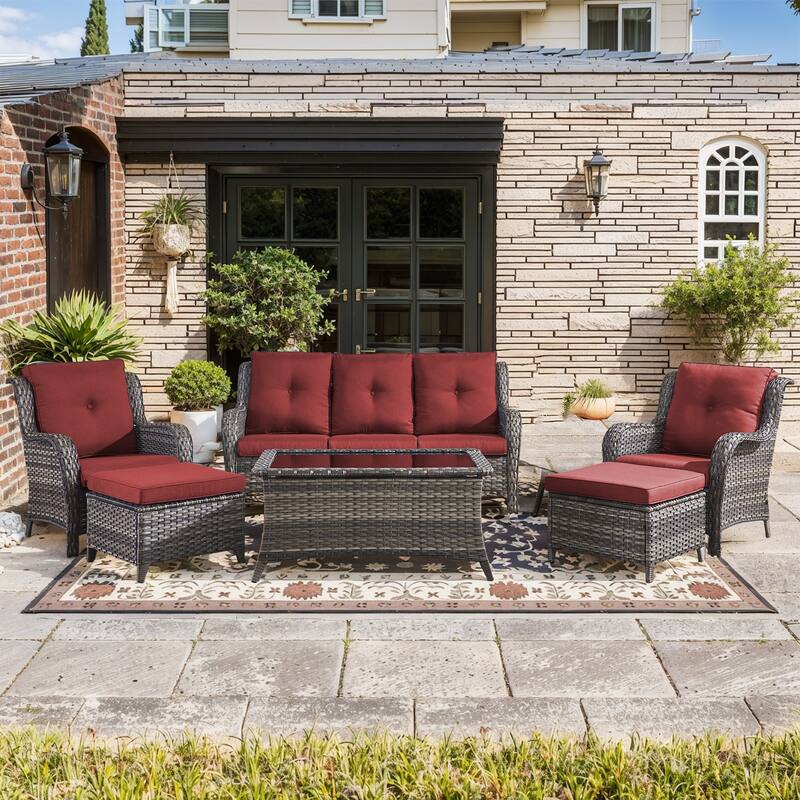 Pocassy 6 Pieces Outdoor 3-Seat Sofa Chairs Table Ottoman - Gray Wicker - Red cushion