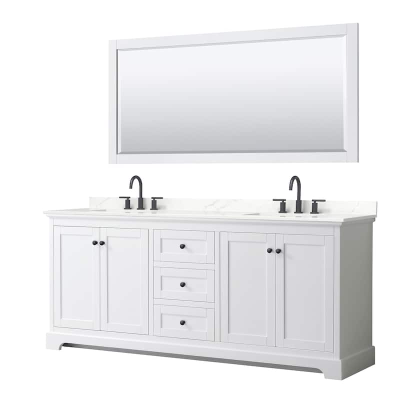 Avery 80-inch Double Vanity, Quartz Top, 70-inch Mirror - White, Black Trim, Giotto Quartz Top