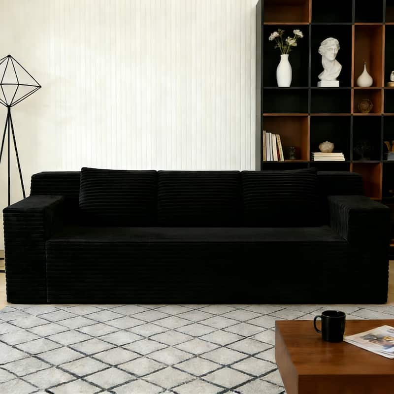 71" Corduroy Fabric 3-Seater Sectional Sofa, No Assembly Required - Black