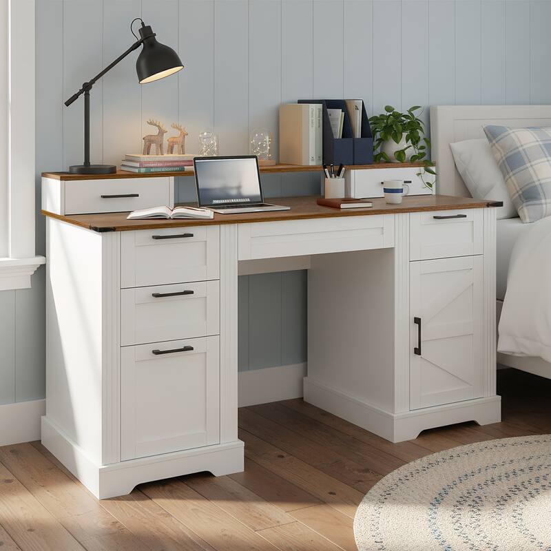 59" Executive Desk with Drawers, Farmhouse Home Office Desk Wood Computer Desk with Charging Station, Keyboard Tray