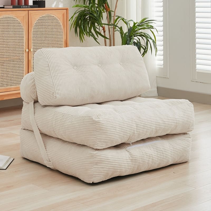 Mixoy W32''/W50'' Corded Velvet Fabric Folding Floor Lazy Futon Sofa Bed - L73''*W32''*H7.7'' - Beige