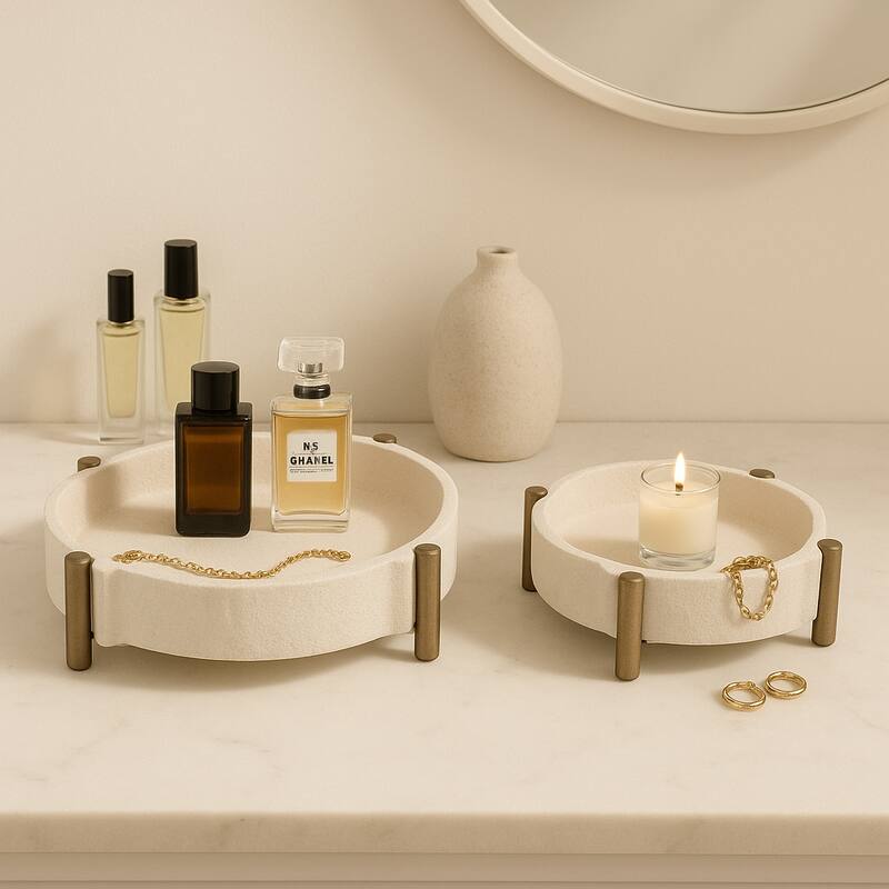 Pottery and Metal Round Accent Tray- Set of 2 - 14", 11", Beige & Gold - 14.0"