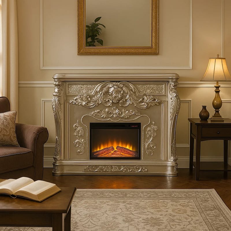 Esen LED Electric Fireplace, Scrolled Classical Silver Wood, 66 Inch