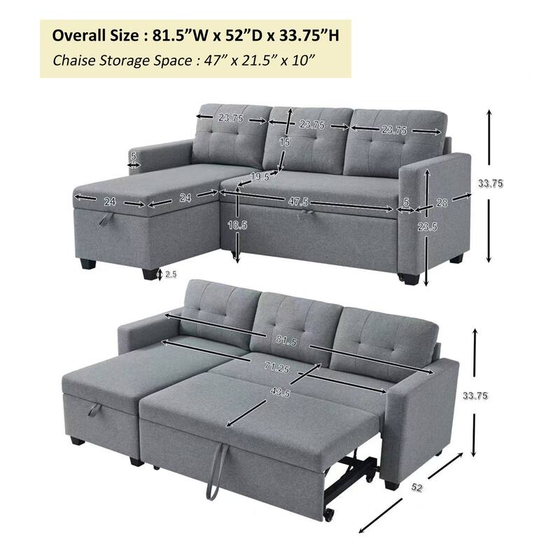 Pull Out Sofa Bed L-shape Sectional Couch Convertible Daybed wStorage Chaise
