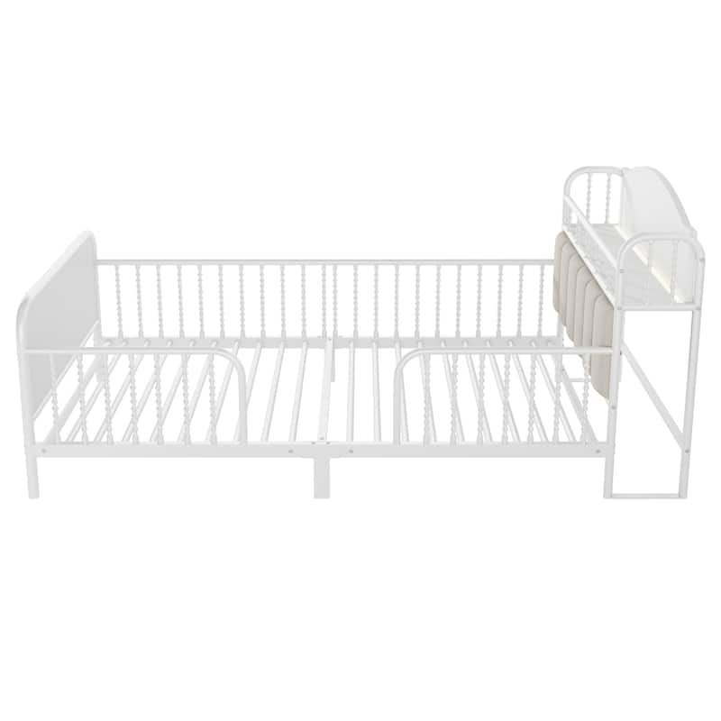 Kids Platform Bed Metal Frame with Linen Fabric Upholstered Storage Headboard Built-in Light Strip, Both Sides Rails