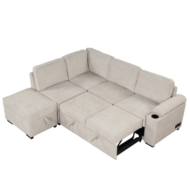 Linen 2 in 1 Pull Out sofa bed L-Shape Couch with Storage Ottoman and Cup Holder Sleeper Sofa Bed with Backrest and Pillows