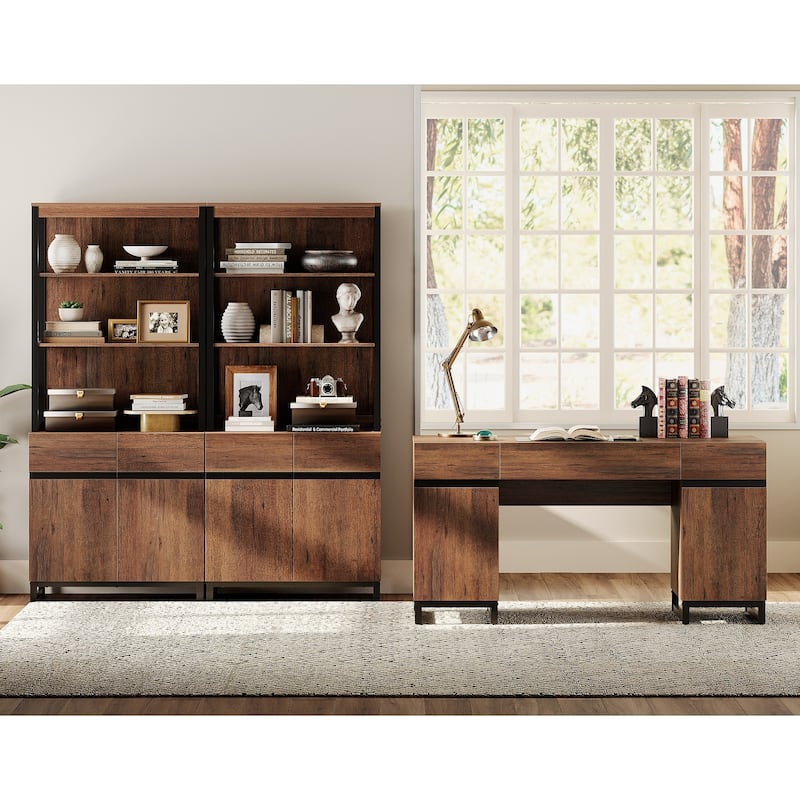 WAMPAT 59" Modern Executive Desk with Charging Station & Storage Cabinet + 72" Tall Bookcases.