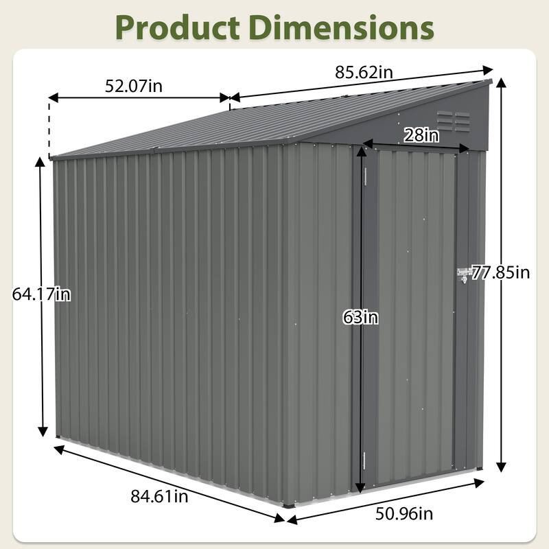 4x7 Foot Lean-To Shed, Heavy-Duty Steel Outdoor Storage for Garden Tools & Bicycles