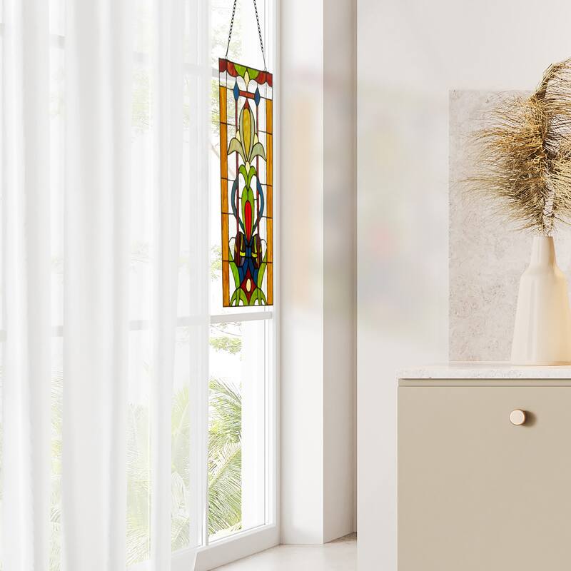 24-in H Fleur de Lis Tiffany-Style Multicolored Stained Glass Window Panel - 10.5" x 0.25" x 24"